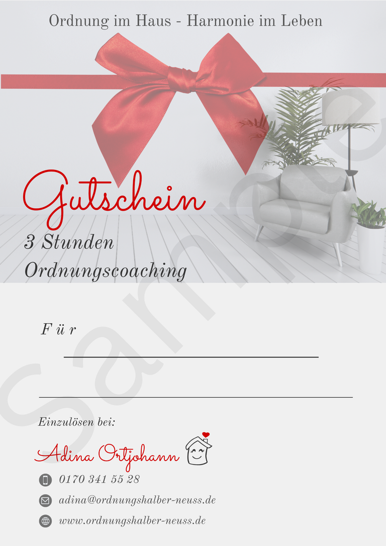 Muster eines Geschenkgutscheins mit roter Schleife: Gutschein über 3 Stunden Ordnungscoaching, einzulösen bei Adina Ortjohann