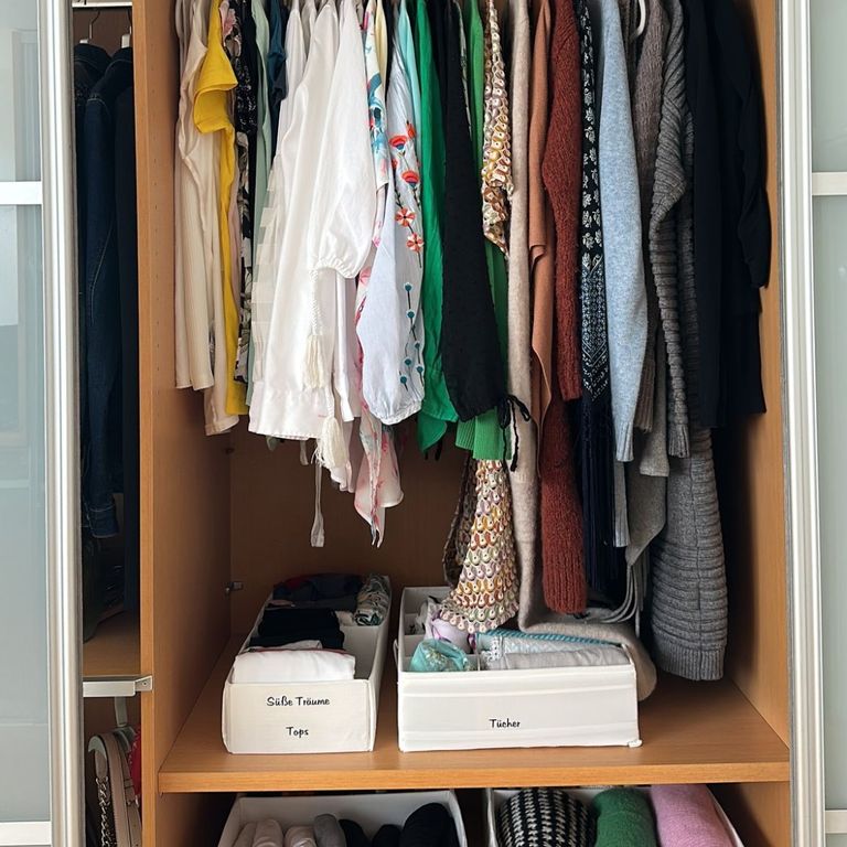 Aufgeräumter Kleiderschrank mit beschrifteten Aufbewahrungsboxen