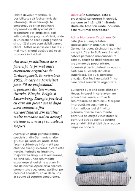 Textseite des ordeli.ro-Interviews über den Austausch mit anderen Organizern, mit Foto gefalteter Jeans und Pullover