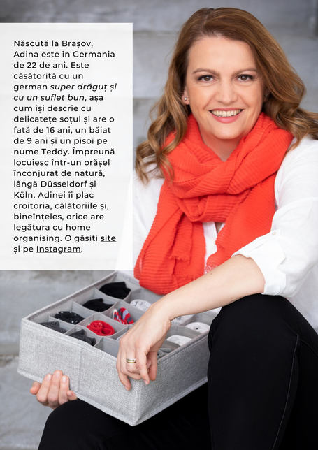 Adina Ortjohann mit orangefarbenem Schal hält eine graue Ordnungsbox mit sortierten Socken, daneben rumänischer Vorstellungstext