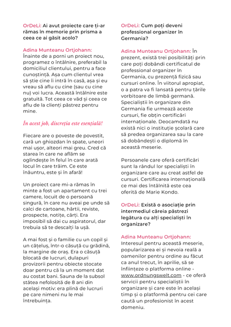 Textseite des ordeli.ro-Interviews über Diskretion im Beruf und den Weg zum Professional Organizer