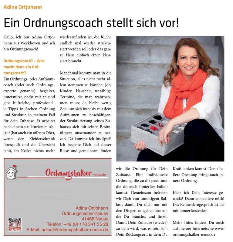 Zeitungsartikel „Ein Ordnungscoach stellt sich vor!“ über Adina Ortjohann im Magazin Blickpunkt Weckhoven mit Foto und Kontaktdaten